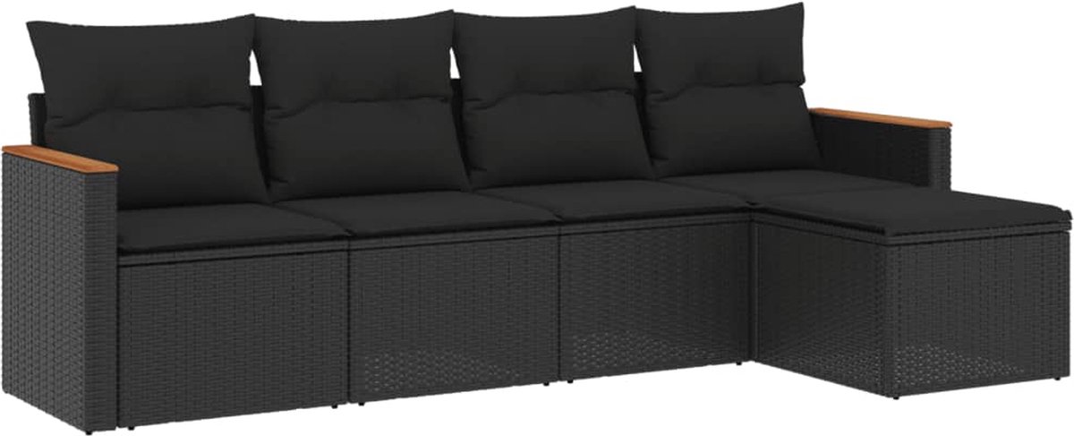 The Living Store 5-delige Loungeset met kussens poly rattan zwart - Tuinmeubleset - Lounge Set - Buitendecoratie - Pe Rattan - Outdoor Furniture