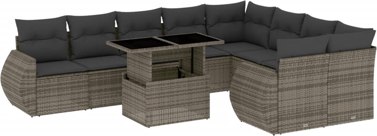 Grijze poly rattan loungeset met kussens voor buiten - Tuinmeubels.