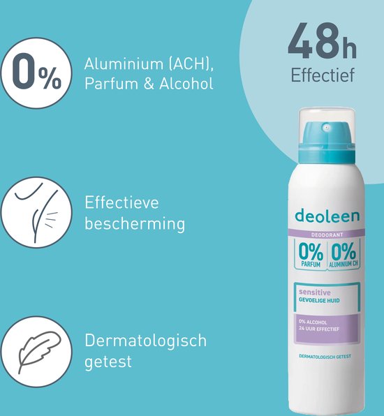 Deoleen 0% Aluminium - Deodorant Sensitive - 24 uur effectieve bescherming - 0% parfum & 0% alcohol - Dermatologisch getest - Anti-witte strepen - 150 ml