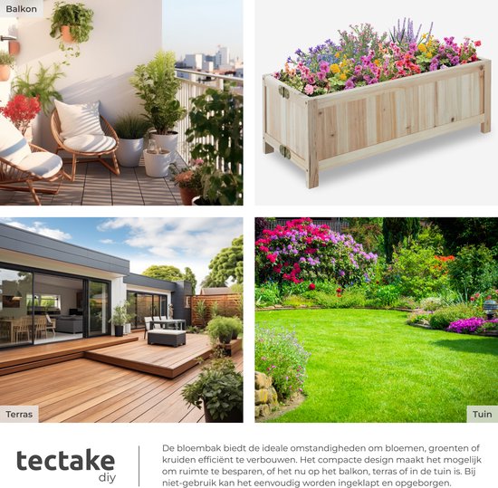 Houten plantenbak met bloemen op een terras en een balkon.