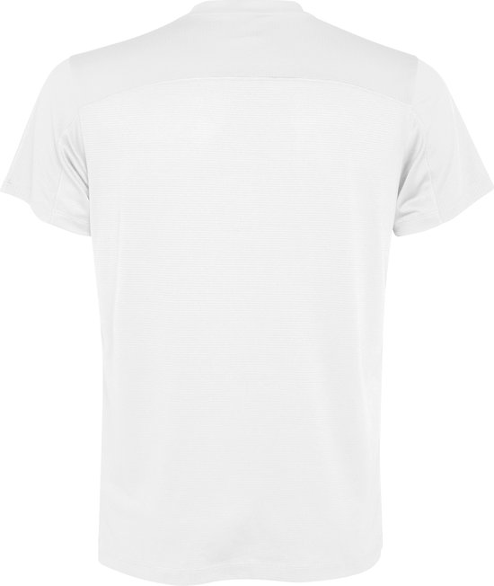 Achterkant van een wit Roly sportshirt met korte mouwen, ronde hals en een subtiel structuurpatroon.