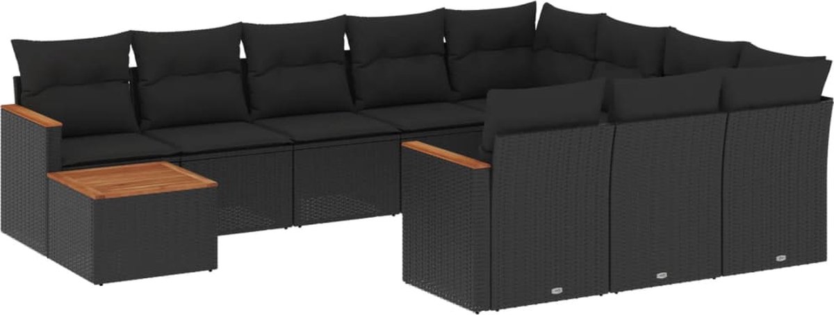 The Living Store 11-delige Loungeset met kussens poly rattan zwart - Loungeset - Tuinmeubels - Lounge Set - Buitendecoratie - Outdoor Furniture