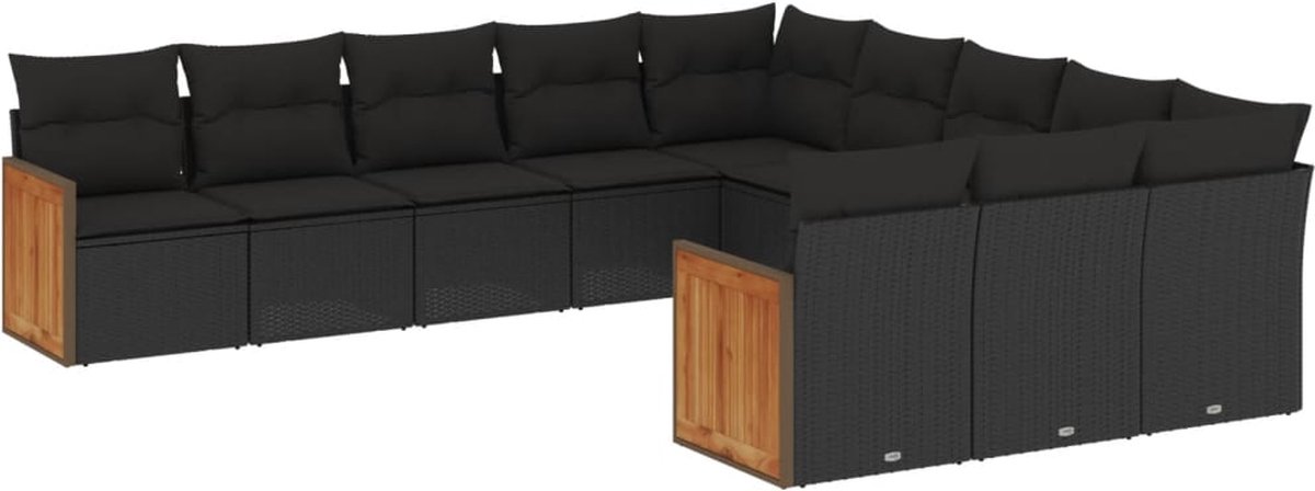 The Living Store 11-delige Loungeset met kussens poly rattan zwart - Loungebank - Lounge Set - Tuinset - Buitendecoratie - Tuinbank