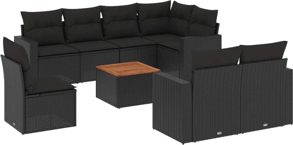 Zwarte poly rattan loungeset met kussens voor buiten - The Living Store.