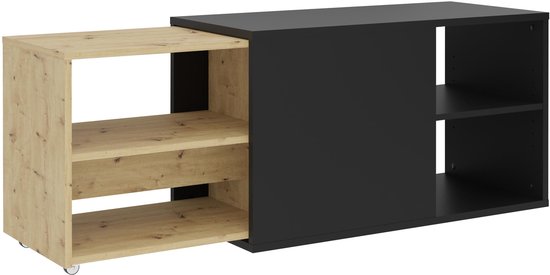 Tv-meubel met een zwart deel en een houten deel met twee open vakken. Eén deel heeft wieltjes.