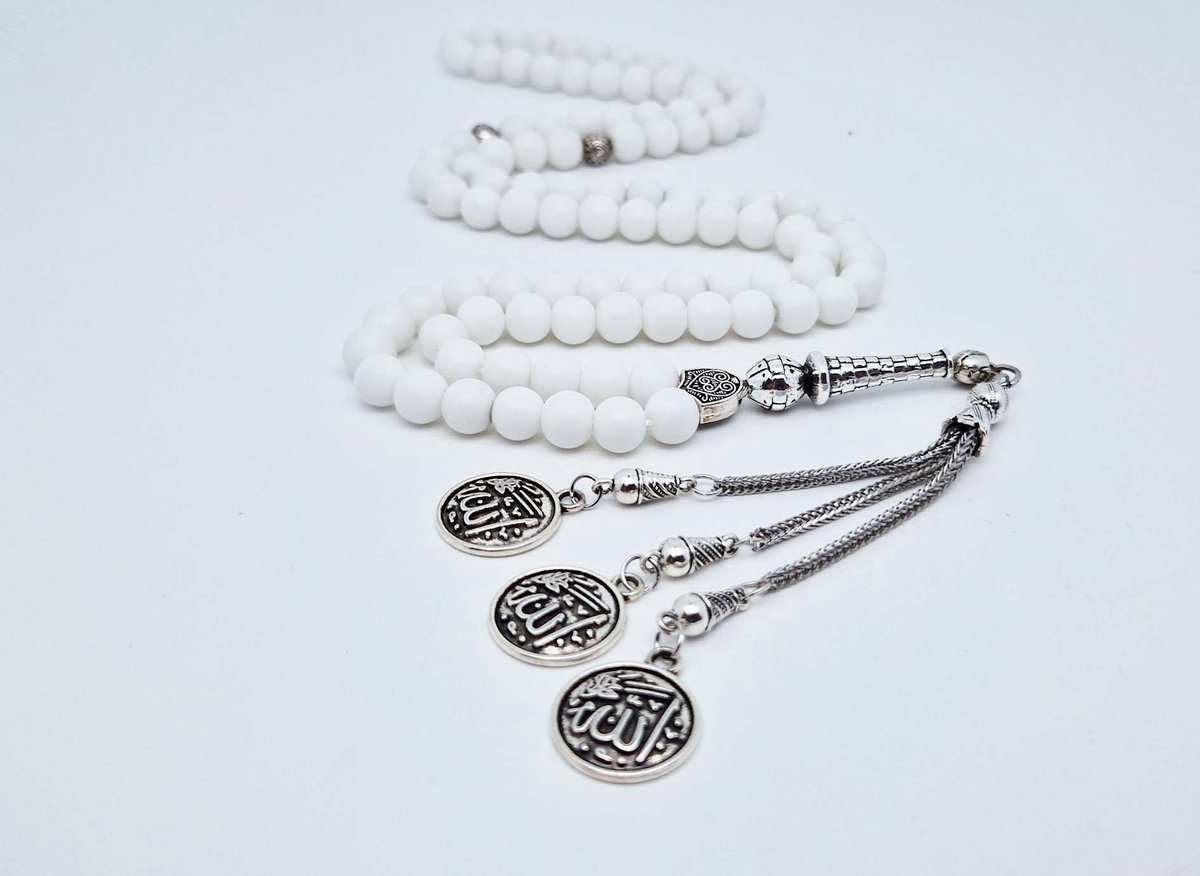 Handgemaakte tesbih "Tasbih" natuursteen "Mat Witte agaat" - Aantal kralen 99 - Diameter kralen 8MM - met metaal tassel "Allah jala jalaluh" - Een mooi cadeau-idee