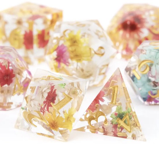 Ensemble de dés Joya Kids® Dungeons and Dragons | Set de Dés DnD Polydice | Ensemble de dés D&D | Ensemble de 7 pièces en résine | Coffre de rangement de Luxe inclus | Transparent avec des Fleurs colorées