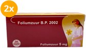 Doosje Foliumzuur B.P. 2002, 5 mg, met "2x" sticker, afbeelding van zwangere vrouw en bloem.