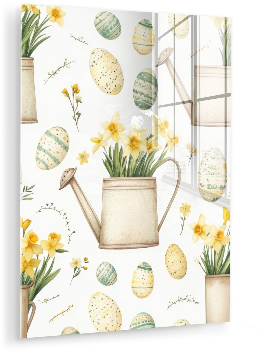 MuchoWow® Glasschilderij 30x40 cm - Schilderij acrylglas - Gieter - Bloemen - Eieren - Fot