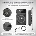 Zwarte powerbank met 15W MagSafe-magneet en digitaal display voor batterijpercentage.
