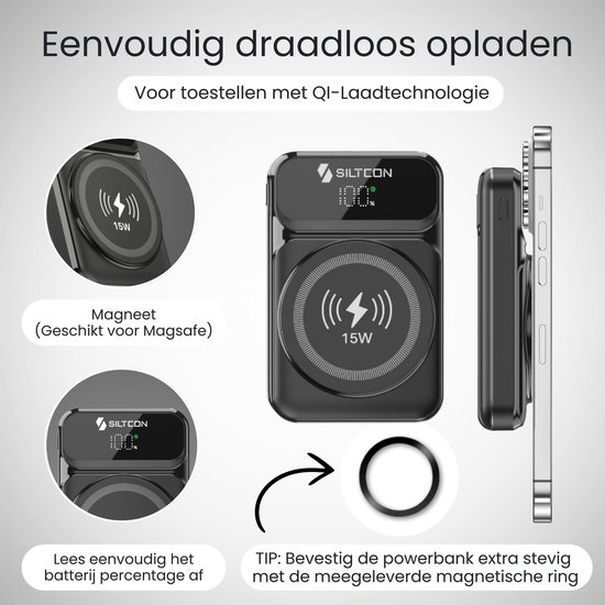 Zwarte powerbank met 15W MagSafe-magneet en digitaal display voor batterijpercentage.