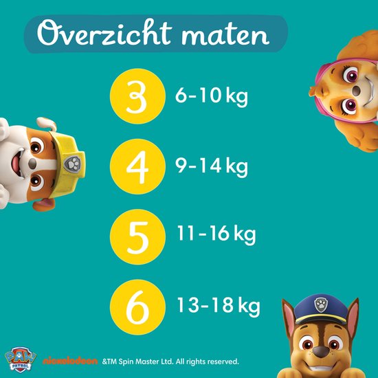 Overzicht van Pampers luier maten. Maat 3: 6-10kg, Maat 4: 9-14kg, Maat 5: 11-16kg, Maat 6: 13-18kg. Met Paw Patrol personages.