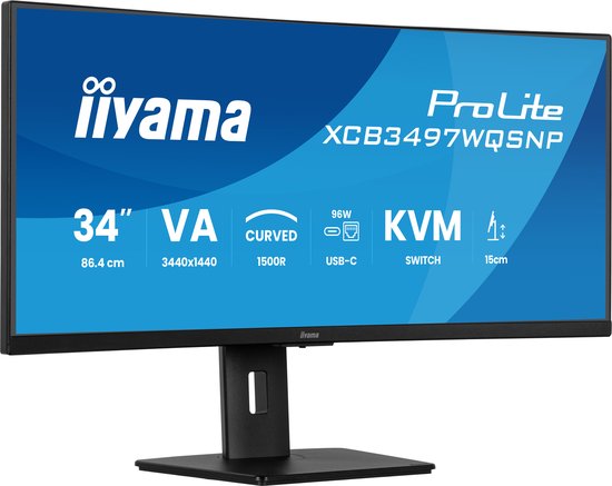 34″ iiyama ProLite XCB3497WQSNP Curved UWQHD VA Monitor USB-C Dock KVM 15cm Verstelbare Voet