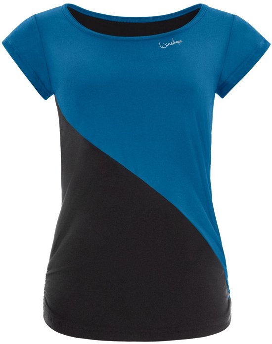 Blauw en zwart functioneel shirt met korte mouwen, met een diagonale scheiding.
