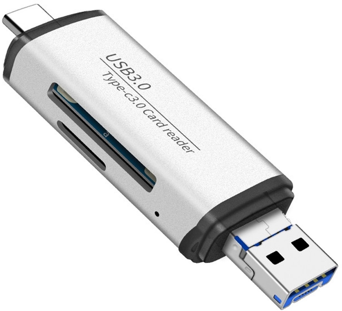 USB 3.0 + USB-C + Micro-USB naar SD + Micro-SD (tf) kaartlezer adapter kabel connector - cardreader - geheugenkaart lezer - voor o.a. telefoon en laptop - zilver