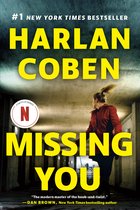 Boekcover 'Missing You' van Harlan Coben met #1 New York Times Bestseller en een Netflix-serie logo. Een vrouw in rode jas rent weg.