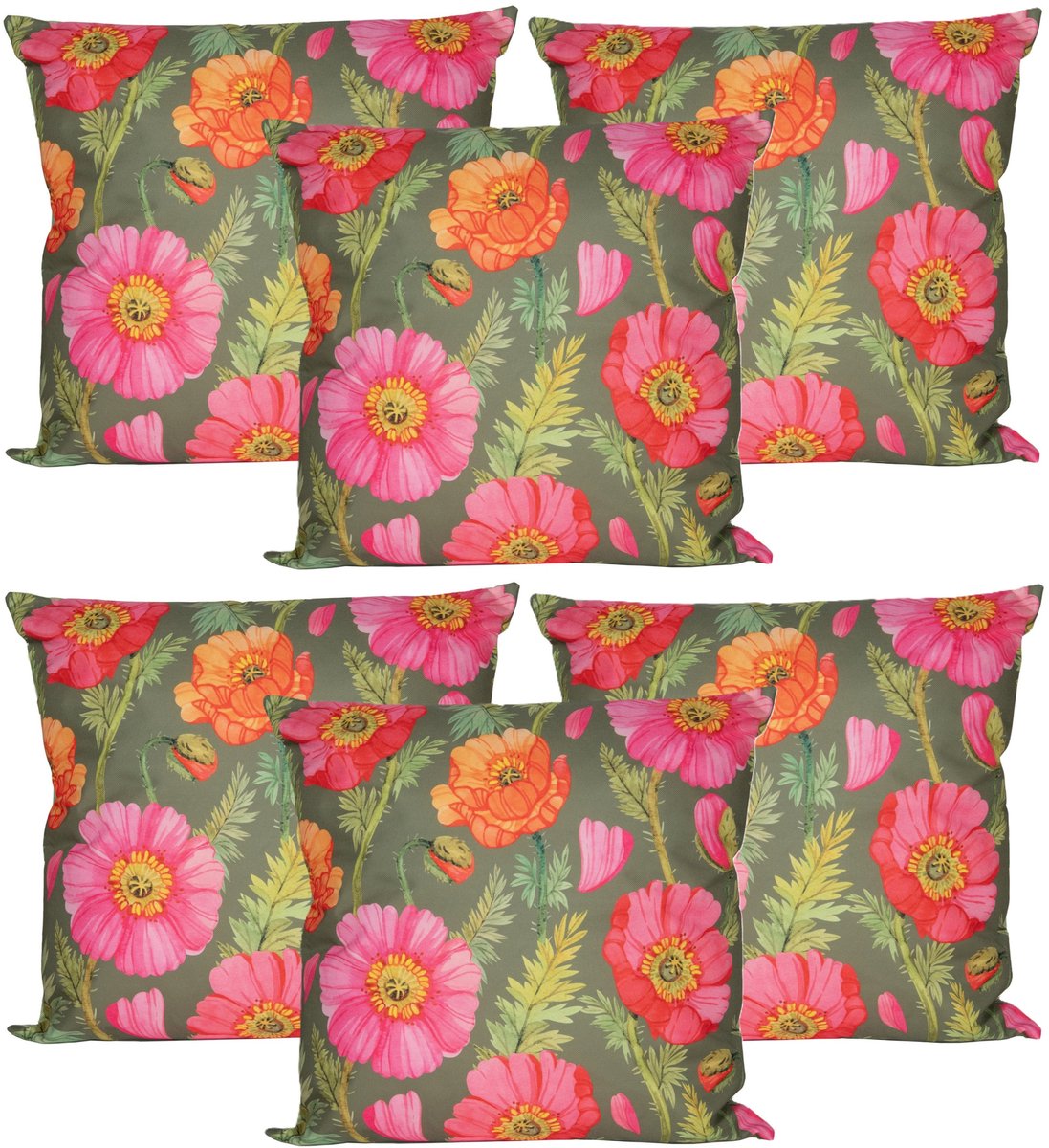 Anna's Collection Sierkussen voor binnen en buiten - 6x - klaprozen bloemen - groen/roze - 60 x 60 cm - tuinkussens