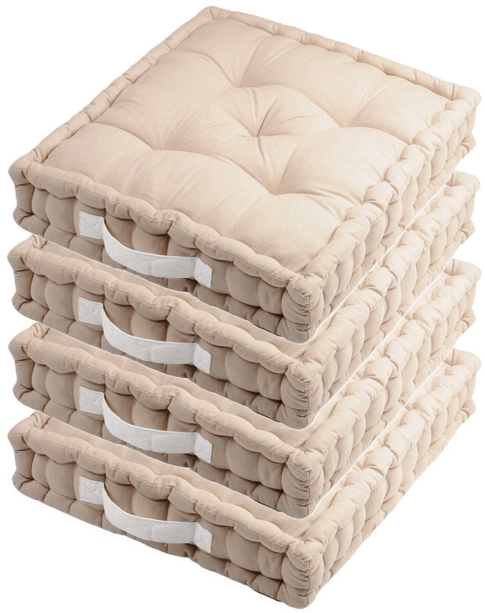Stof Textile Vloerkussen DUO - 4x - lichtbeige - katoen - 45 x 45 x 10 cm - vierkant - Extra dik - extra zitplaatsen - spelen - gamen - relaxen