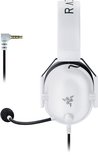 Witte gaming headset met zwarte oorkussens en microfoon, met 3.5mm kabel en stekker ernaast.