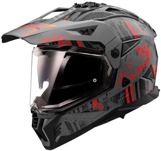 LS2 MX702 Pioneer II helm in maat XL, met grijs, zwart en rood 'Crazy' patroon, vizier en zonneklep.