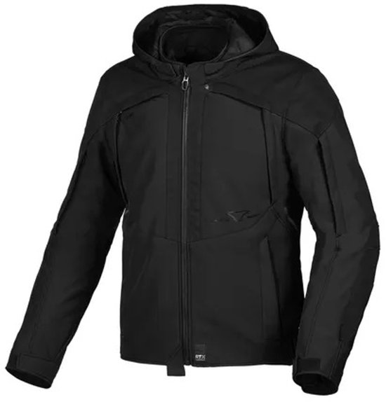 Zwarte Macna motorjas met capuchon, ritssluiting en diverse zakken.