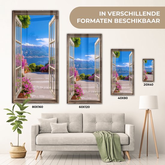 MuchoWow® Glasschilderij 40x80 cm - Schilderij acrylglas - Doorkijk - Berg - Landschap - Uitzicht - Meer - Foto op glas - Muurdecoratie woonkamer - Wanddecoratie slaapkamer - Schilderijen