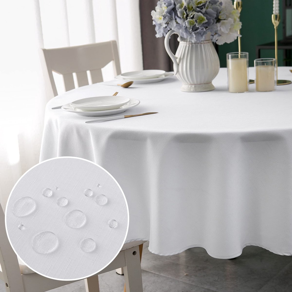 My Ninki ® Tafelkleed met Linnenlook in Polyester, Water- en Vlekbestendig, 150 cm Diameter voor Eetkamer en Restaurant