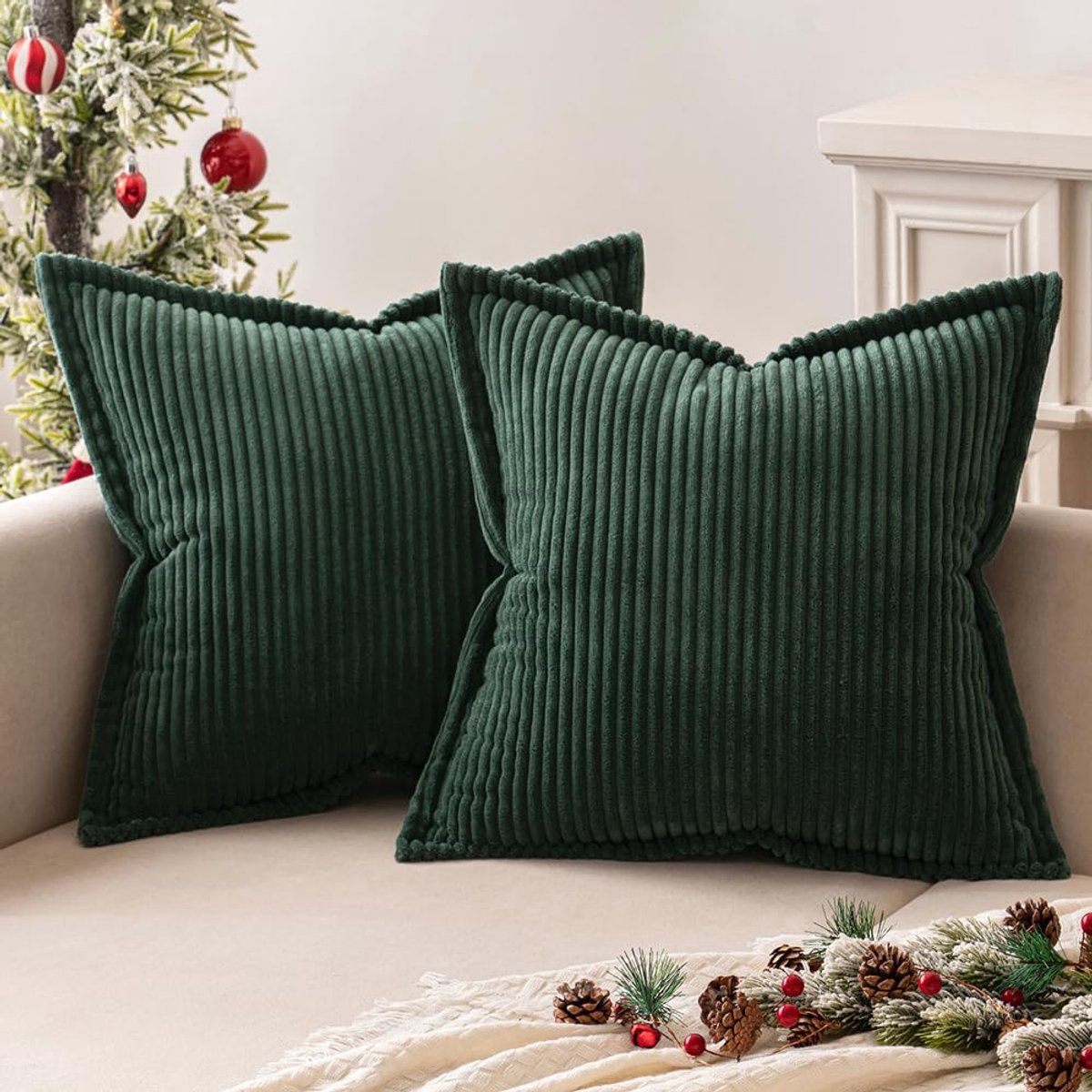 My Ninki ® Stijlvolle Corduroy Kussenhoezen voor Moderne Interieurdecoratie, Set van 2, Donkergroen, 50 x 50 cm