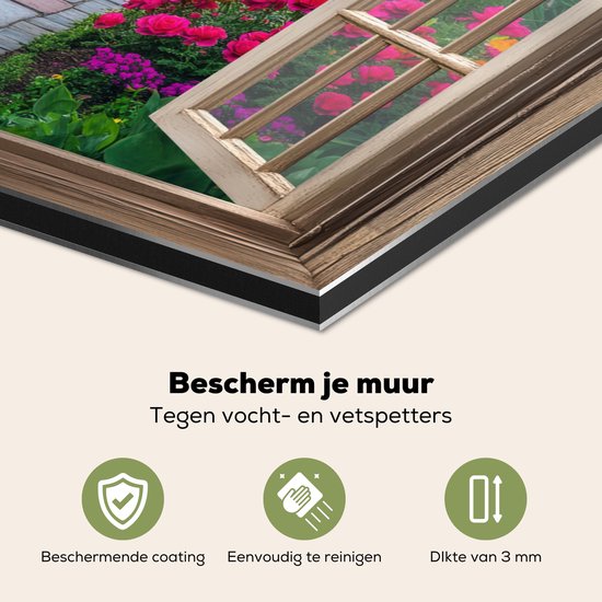 Crédence de Cuisinière en Aluminium 60x40 cm - Vue - Fleurs - Chemin de jardin - Nature - Fenêtre - Écran Pare-éclaboussures pour Plaque de Cuisson - Protection Murale