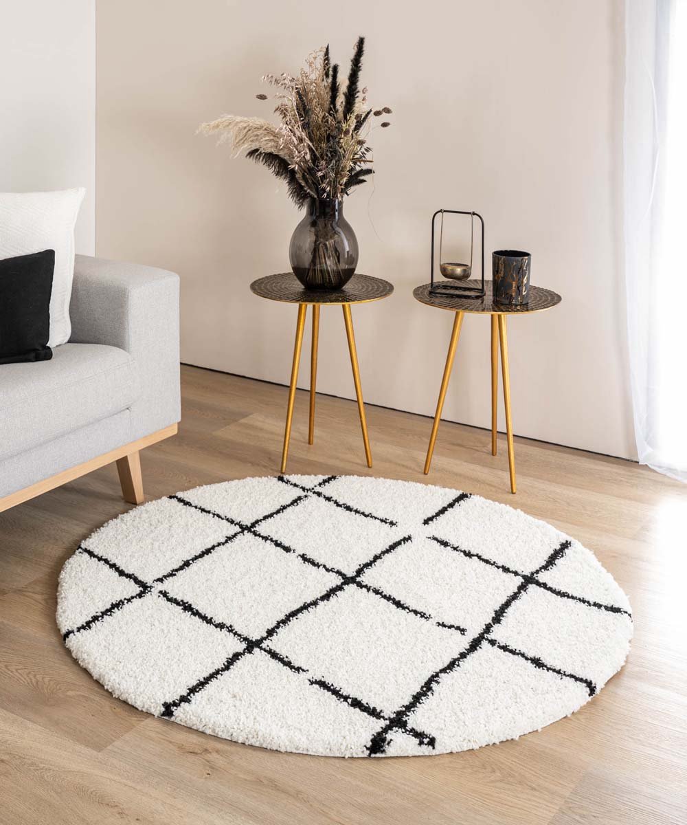 Rond hoogpolig vloerkleed ruiten Artisan - wit/zwart 300 cm