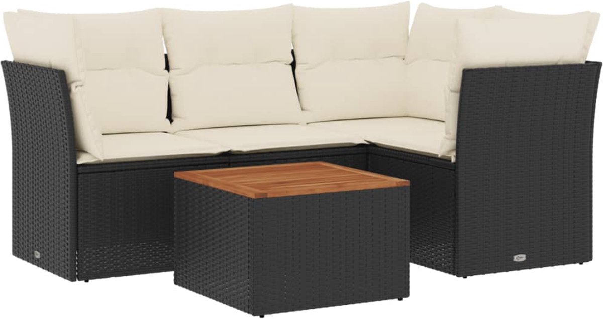 Zwarte poly rattan loungeset met kussens voor tuinlounge - Buitendining.