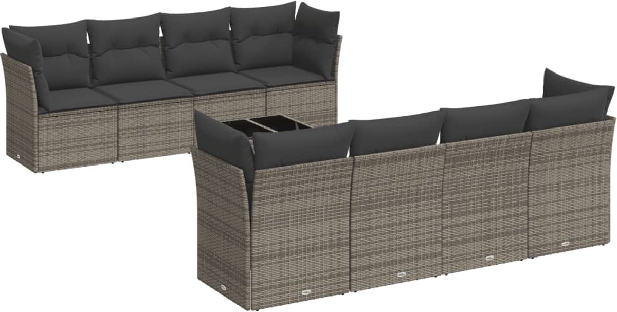 The Living Store 9-delige Loungeset met kussens poly rattan grijs - Loungebank - Lounge Set - Buitendecoratie - Tuinstoel - Tuintafel