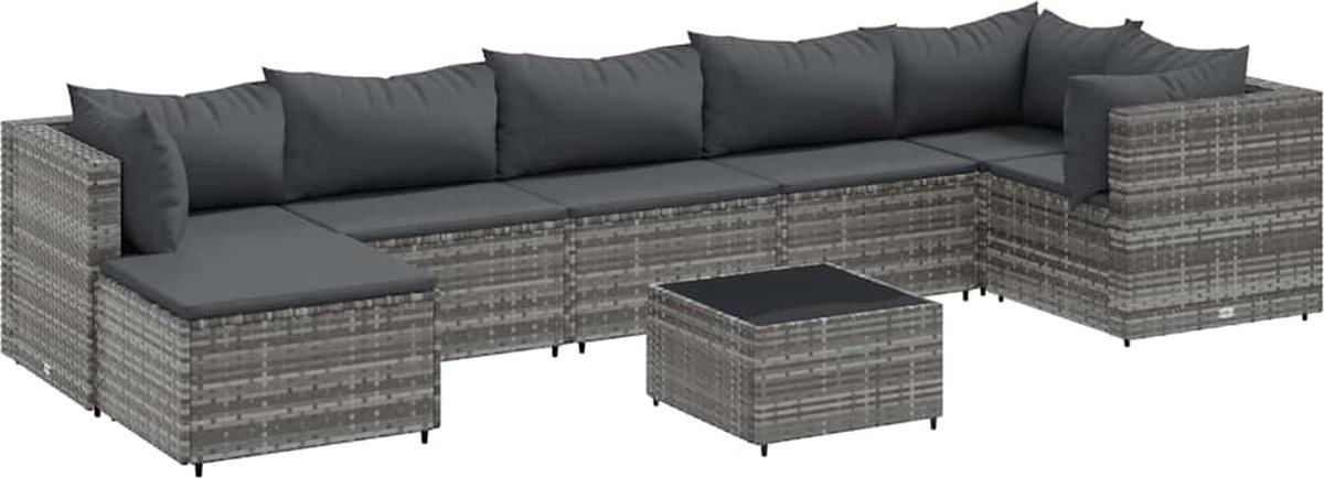The Living Store 8-delige Loungeset met kussens poly rattan grijs - Loungeset - Tuinmeubels - Lounge Set - Buitendecoratie - Pe Rattan