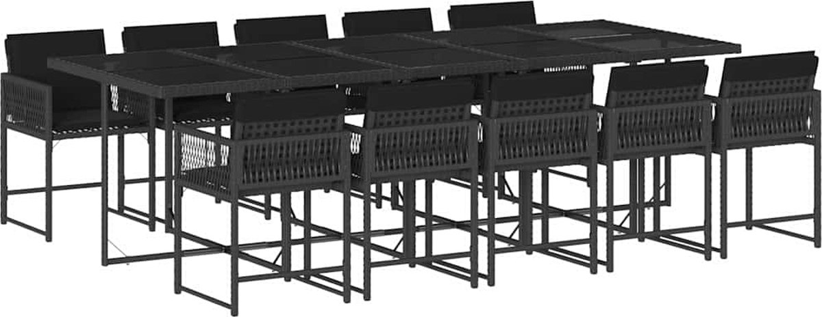 The Living Store 11-delige Tuinset met kussens poly rattan zwart - Tuinmeubels - Eetkamerset - Buitentafel - Lounge Set - Patio Furniture
