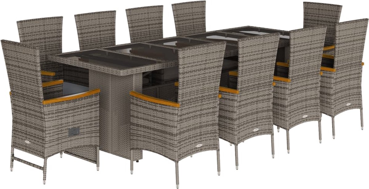 The Living Store 11-delige Tuinset met kussens poly rattan grijs - Tuinset - Buitendecoratie - Lounge Set - Eetkamerset - Patio Furniture
