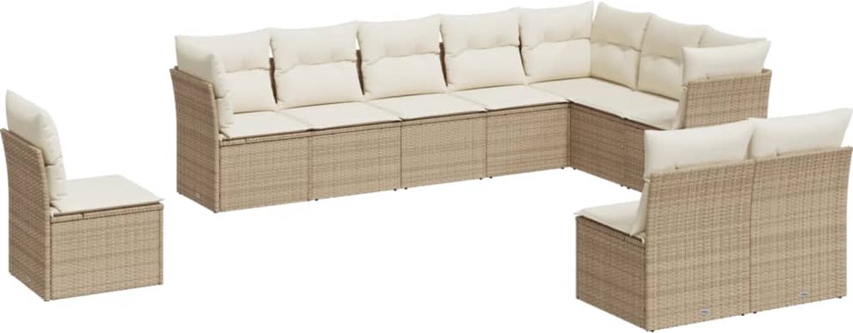 10-delige Loungeset in beige poly rattan met kussens - Tuinmeubilair.