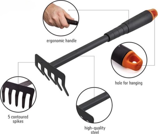 Tuinhark van staal, kleine tuinhark met 5 tanden voor tuin, balkon, groentetuin, met ergonomische handgreep, 9 cm breed van Merkloos	 — afbeelding 2