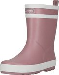 Roze regenlaars met witte randen en twee witte strepen, ZIGZAG logo.