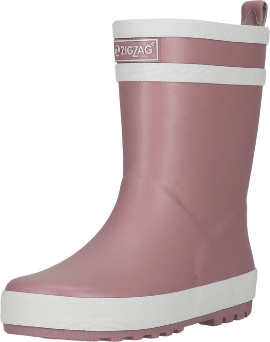 Roze regenlaars met witte randen en twee witte strepen, ZIGZAG logo.