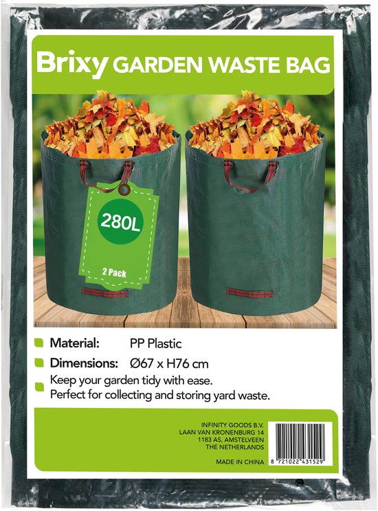 Sac à déchets de jardin Brixy - Pliable - Sac de jardin robuste - Déchets de jardin - Set de 2 x 280 L - Étanche - Sac à feuilles - Vert