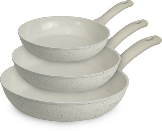 Maison & Kitchen - Koekenpan Inductie Koekenpannenset PFAS vrije BIKO serie - 3 delig - Ø 20, 24 & 28 cm - koekenpannen - Beige grijs japandi