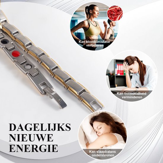 Een zilverkleurige en gouden schakelarmband met rode en witte magneten. Geïllustreerd met sportende vrouwen en een slapende vrouw.