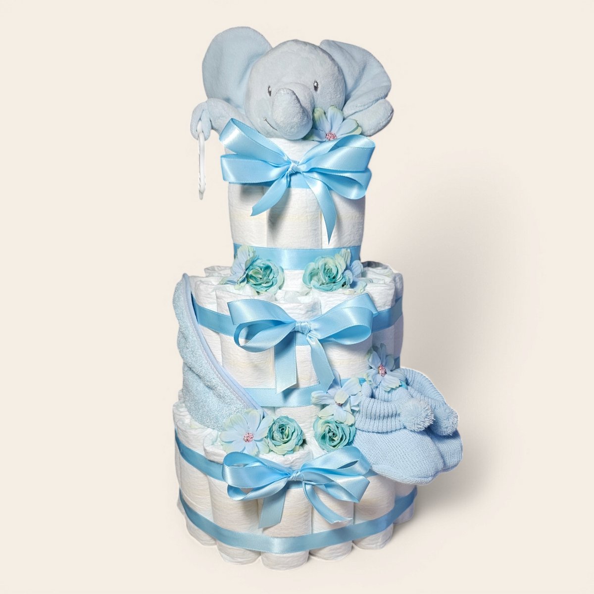 Luiertaart - 3 lagen - blauw - slofjes - knuffelolifantje - slabber - pampers - kraamcadeau