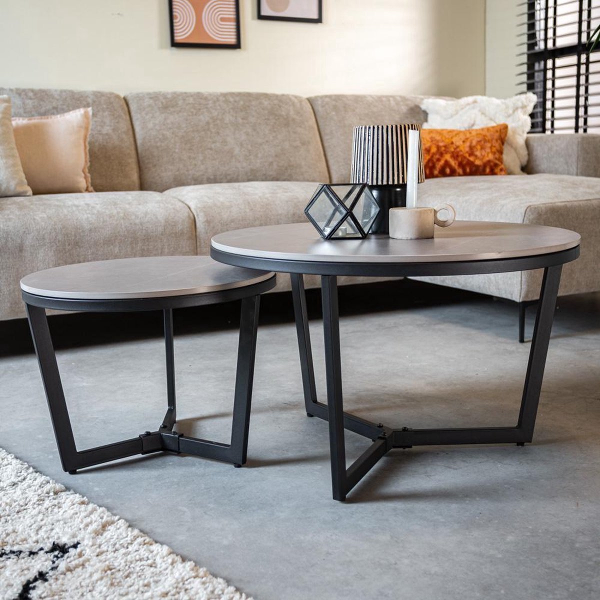 Dimehouse Salontafel Set van 2 Brady Rond Marmerlook Grijs - 69 x 69 x 43 cm - Marmer - Modern - Rond