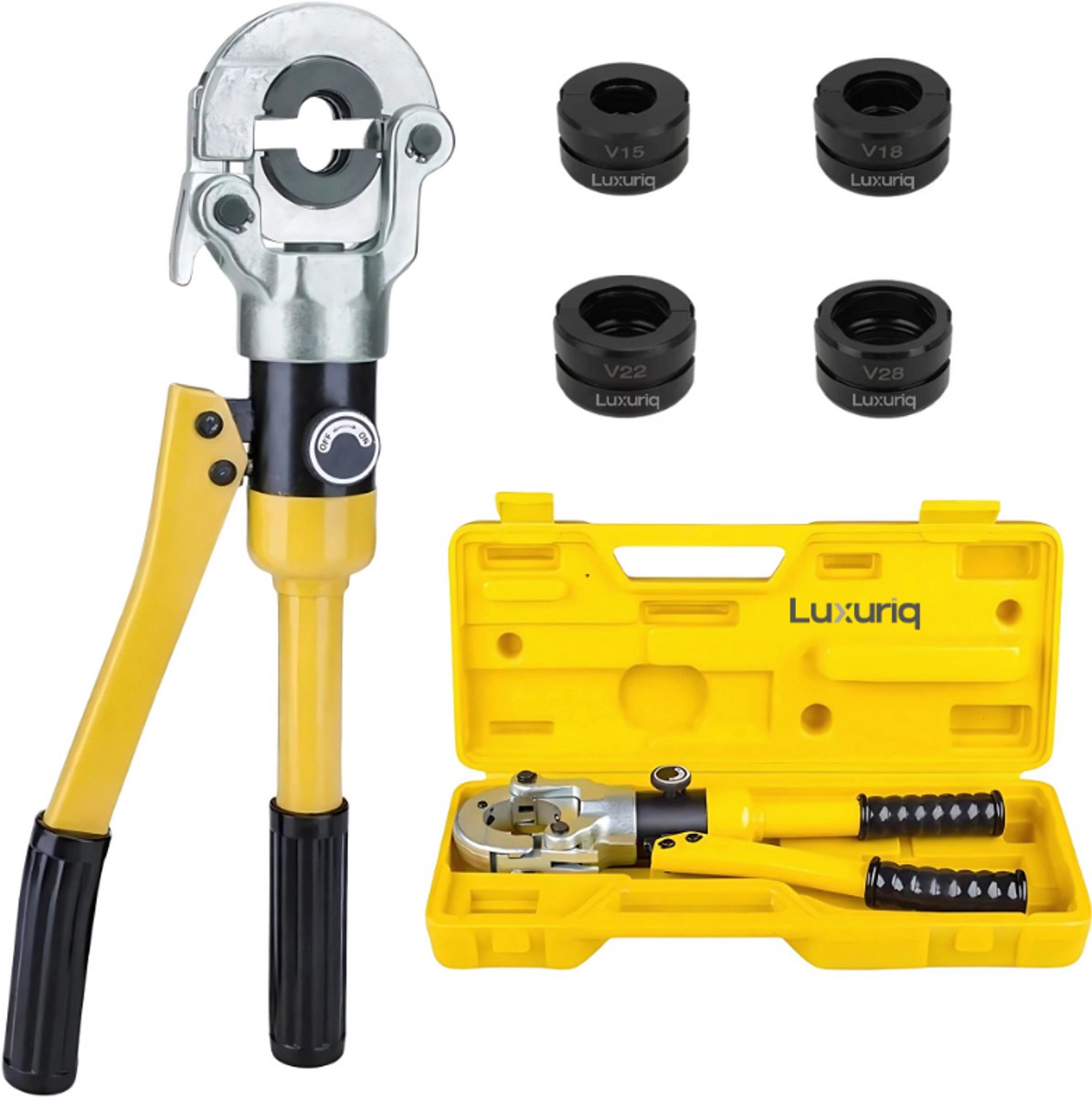 Luxuriq® Perstang – V Set - Krimptang - Perstang voor persfitting - Perstang waterleiding - Met Persbekken - V15 - V18 - V22- V28 – Geschikt voor Viega, RVS, Stalen en Koperen Waterleidingen