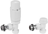 Robinet thermostatique de radiateur Radiatorconnect + clapet de pied 1/2" joint torique x 15 mm compression blanc coudé.