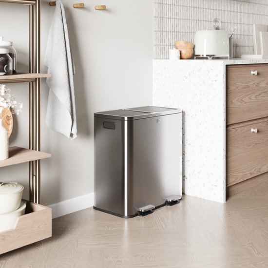 Poubelle à Pédale 2 Compartiments 60L - Acier Inox Et Plastique Blanc - Neuf