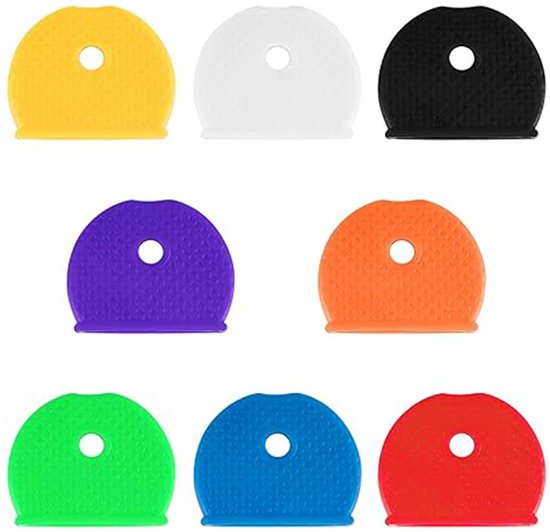 Set van 8 halfronde, gekleurde (geel, wit, zwart, paars, oranje, groen, blauw, rood) siliconen sleutelkapjes.