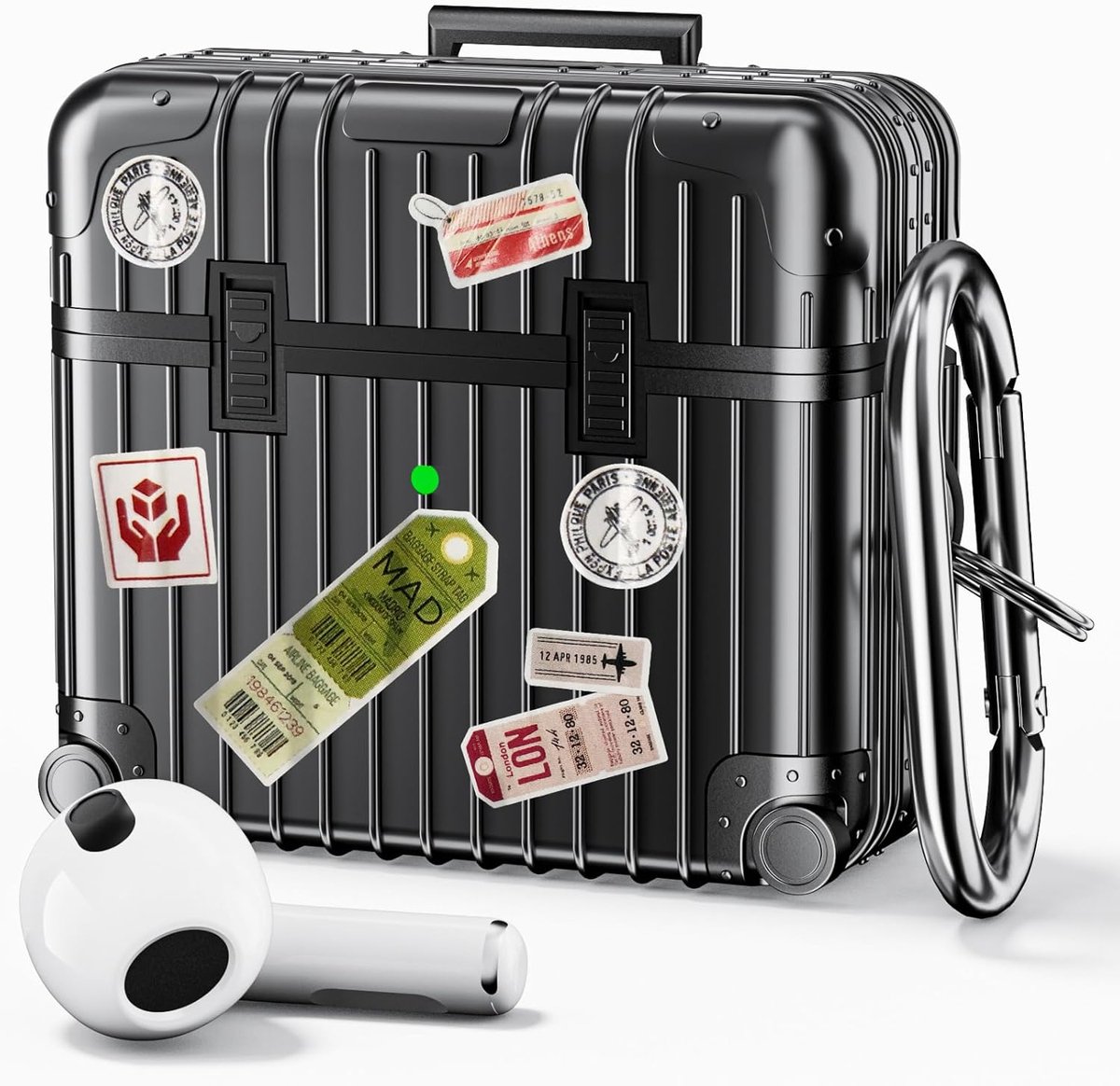 Casemania Koffer Hoesje Geschikt voor Apple AirPods 3 - Zwart - Schokbestendig Suit Case Cover - Inclusief DIY Stickers & Karabijnhaak