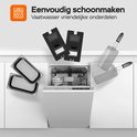 Vaatwasserbestendige onderdelen van een dubbele frituurpan, met de open vaatwasser.